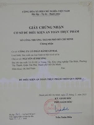 Giấy chứng nhận cơ sở đủ điều kiện an toàn thực phẩm do Chi cục ATVSTP TP HCM cấp.