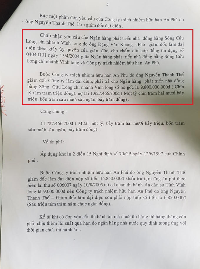 Bản án số 03/2005/KDTMST của TAND tỉnh Vĩnh Long.