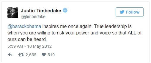 Justin Timberlake: "Barack Obama lại truyền cảm hứng cho tôi một lần nữa. Kỹ năng lãnh đạo thực thụ là khi bạn sẵn sàng mạo hiểm quyền lực và tiếng nói của mình để tất cả tiếng nói của chúng ta có thể được nghe thấy".