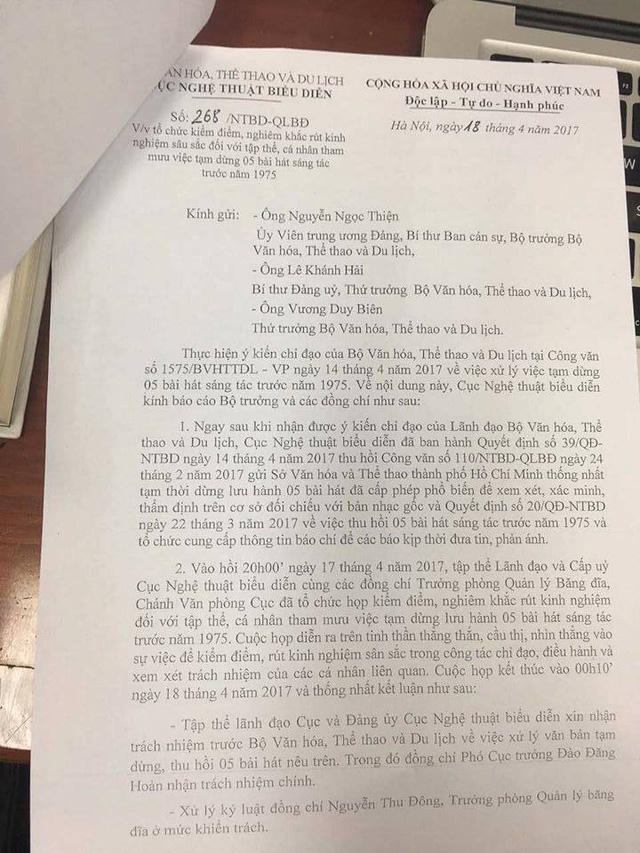 Văn bản gửi Bộ VHTT&DL của Cục NTBD. (Ảnh: HM)