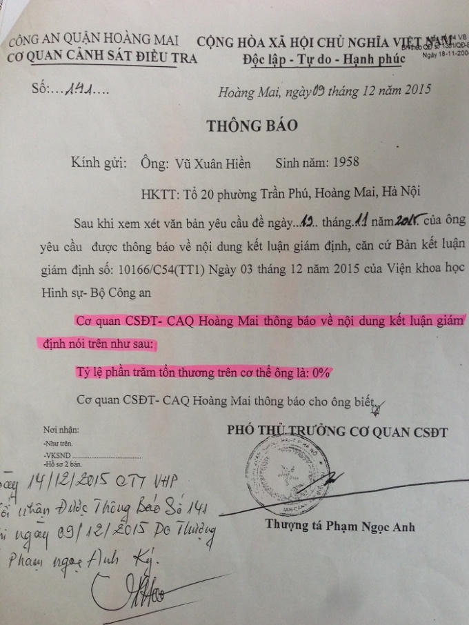 Nội dung kết luận giám định ông Hiền thương tổn 0%.