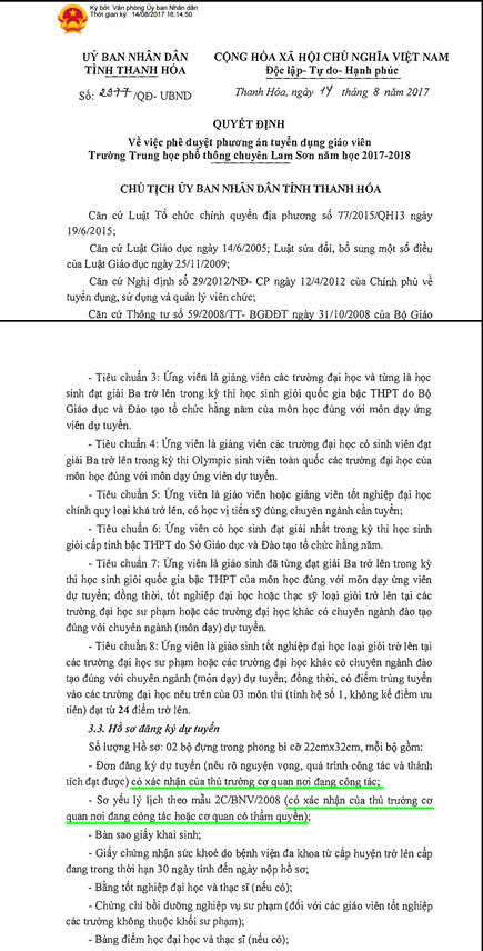4 hồ sơ giáo viên dự tuyển đã thiếu tiêu chuẩn so với Quyết định 2977/QĐ-UBND ngày 17/8/2017 của UBND tỉnh Thanh Hóa
