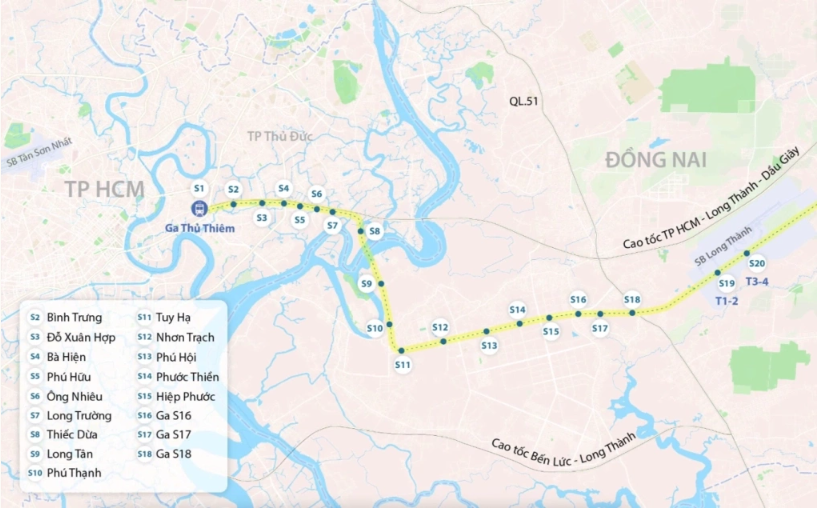 Dự kiến hướng tuyến, vị trí nhà ga đường sắt đô thị Thủ Thiêm - Long Thành. Đồ họa: Đăng Hiếu