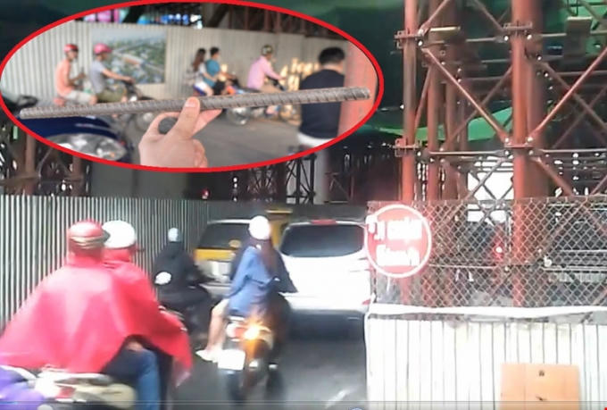 Khu vực thi công nhà ga Hoàng Cầu và thanh sắt rơi trúng người đi đường (ảnh nhỏ).