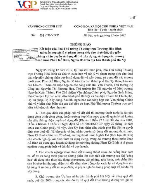 Thông báo Kết luận của Văn phòng Chính phủ,