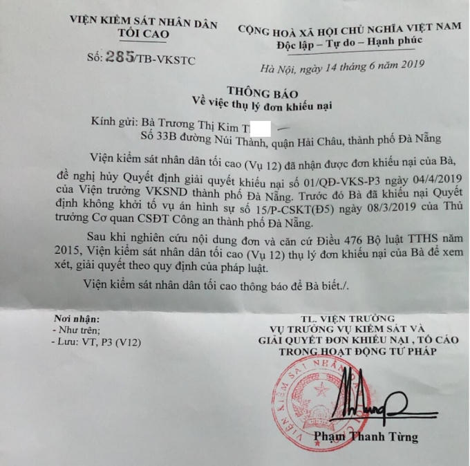 Thông báo tiếp nhận đơn kiến nghị của Viện kiểm sát nhân dân tối cao với đơn kiến nghị của 13 nhà đầu tư liên quan việc góp vốn vào Công ty CP Du lịch Hoàng Sa Đà Nẵng.
