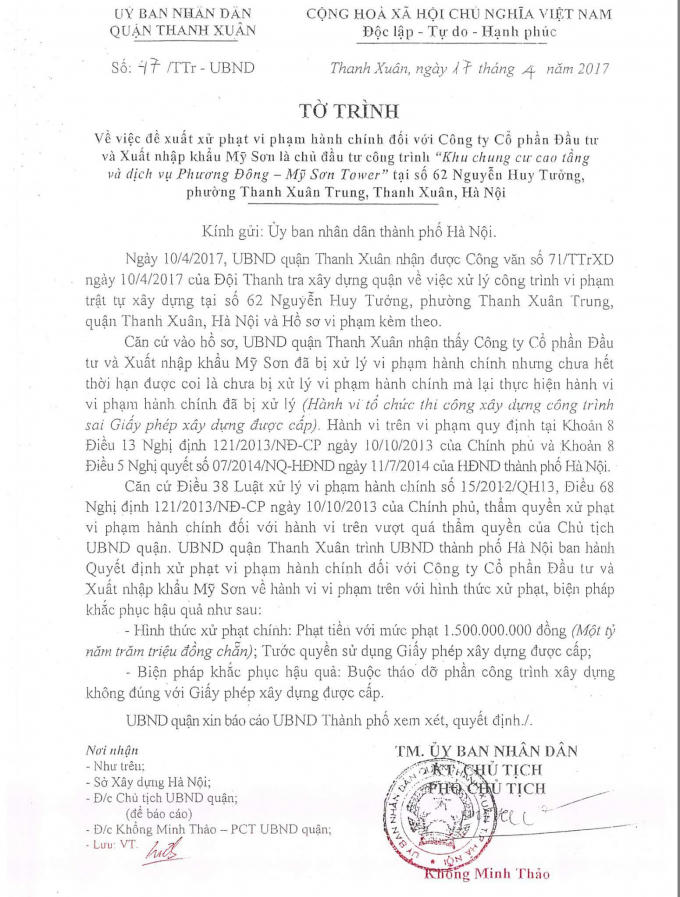 Tờ trình số 47/TTr-UBND ngày 17/4/2017 của UBND quận Thanh Xuân gửi UBND TP Hà Nội  Nguồn: thoidai.com.vn