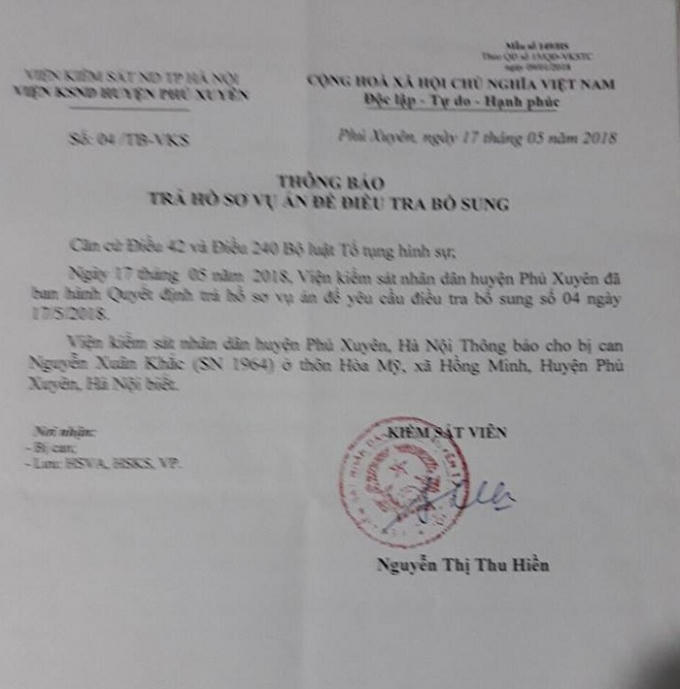 Thông báo trả hồ sơ điều tra bổ sung vụ án.