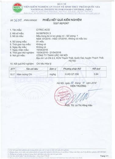 Hàm lượng chì trong Acid Citric nguyên liệu của URC Việt Nam vượt mức cho phép 160% (kết quả xét nghiệm của NIFC).