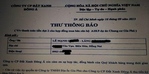 Thư th&ocirc;ng báo thanh toán ti&ecirc;̀n đợt 2 do Đ&acirc;́t Xanh Đ&ocirc;ng Á gửi tới chị D. năm 2013.