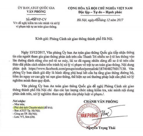 Văn bản yêu cầu xử lý nghiêm minh các đối tượng ngang nhiên tháo dải phân cách trên cầu Thanh Trì của Ủy ban ATGT Quốc gia.