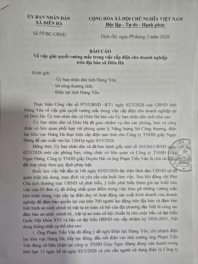 Báo cáo của UBND xã Diên Hà về việc giải quyết vướng mắc trong việc cấp điện cho doanh nghiệp gửi UBND tỉnh Hưng Yên, Sở Công thương tỉnh Hưng Yên, Điện lực tỉnh Hưng Yên.