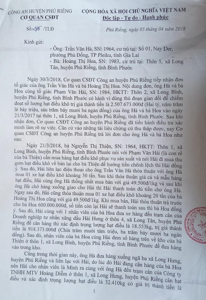 Văn bản của Công an huyện Phú Riềng cho rằng Hải không lừa đảo đã không được sự đồng thuận của người dân