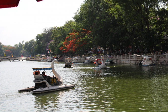 Máy đạp nước trong công viên Thủ Lệ hút khách trong những ngày nắng nóng.