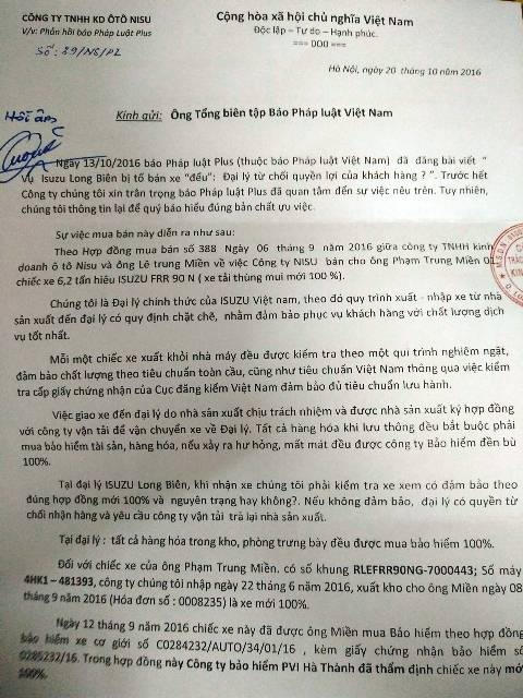 Công văn phản hồi của Công ty TNHH KD ô tô NISU gửi đến Pháp Luật Plus.