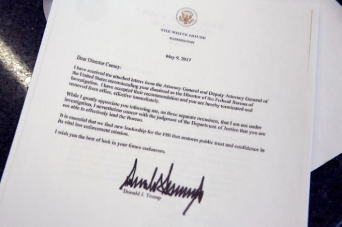 Toàn văn bức thư Tổng thống Trump gửi ông Comey. (Ảnh: Reuters)