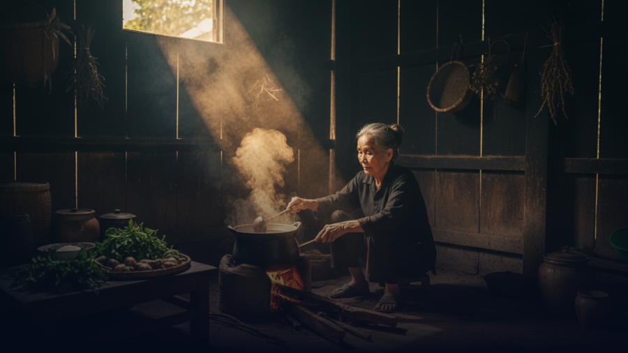 Tết quê không bắt đầu bằng những bữa tiệc tất niên sang trọng tại nhà hàng, mà bắt đầu từ gian bếp ám khói đen của bà, của mẹ. (Ảnh: Phạm Duy)