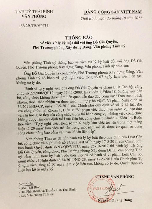 Quyết định kỷ luật đối với ông Đỗ Gia Quyền.