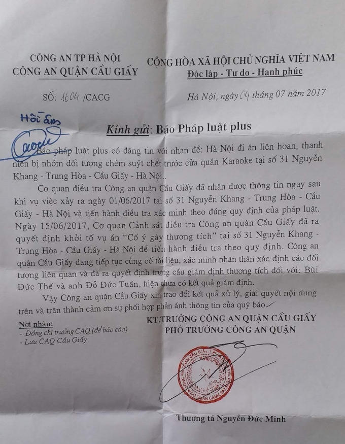 Văn bản Công an quận Cầu Giấy phản hồi đến Phapluatplus.vn