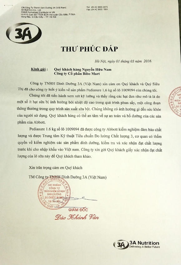 "Thư phúc đáp" Công ty TNHH Dinh Dưỡng 3A (Việt Nam) gửi tới khách hàng Nguyễn Hữu Nam.