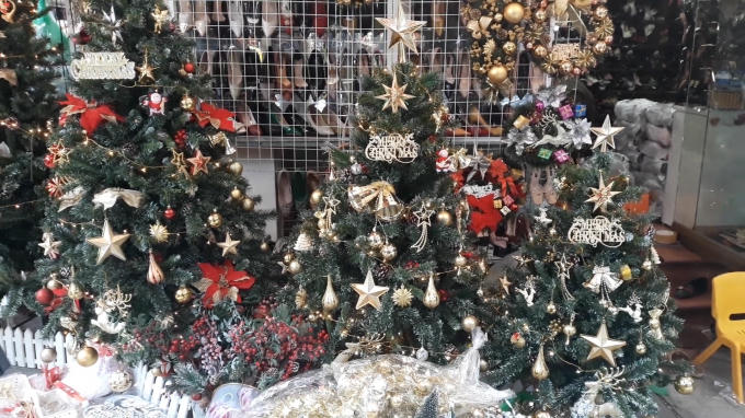 Như mọi năm, cây thông Noel là mặt hàng bán chạy nhất. Năm nay giá của những cây thông Noel dao động từ 200.000đ đến 2 triệu/ cây tùy kích thước, kiểu cách trang trí.