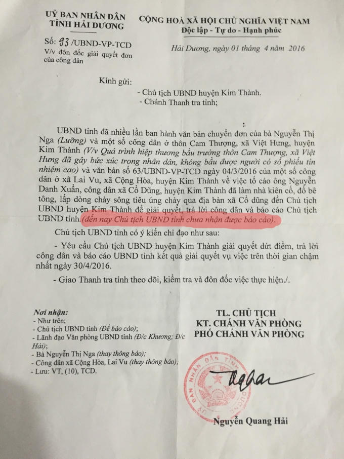 Văn ban chỉ đạo của UBND tỉnh Hải Dương yêu cầu UBND huyện Kim Thành giải quyết đơn thư của người dân.