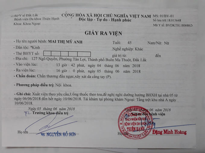 Bệnh án của bà Mai Thị Mỹ Anh bị chấn thương đầu, ngực, xây xát da cẳng tay phải.