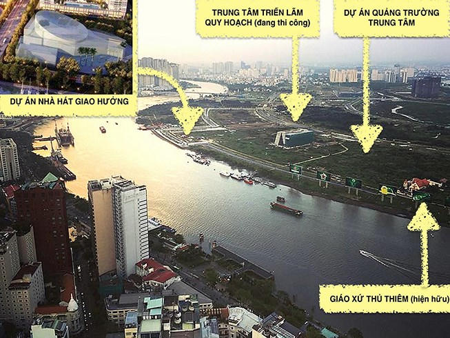 Vị trí các dự án, công trình đang thi công lẫn hiện hữu tại Thủ Thiêm. Ảnh: QUỲNH TRANG