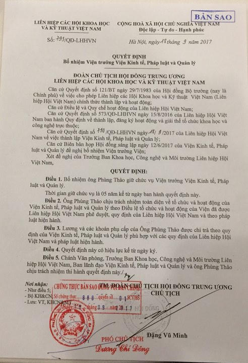 Quyết định số 793, ông Phùng Thảo được bổ nhiệm Viện trưởng.