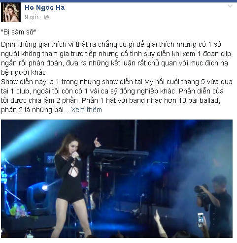 Hồ Ngọc Hà lên tiếng trên Facbook.