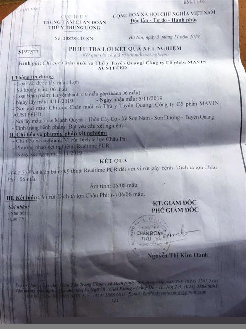 Tờ phô tô kết quả xét nghiệm dịch tả heo Châu Phi và lở mồm long móng phía Chi cục Chăn nuôi và Thú y Tuyên Quang gửi cho anh Đạo khi viết giấy thú y vận chuyển ngoài tỉnh 400 con lợn từ trại của Mavin.