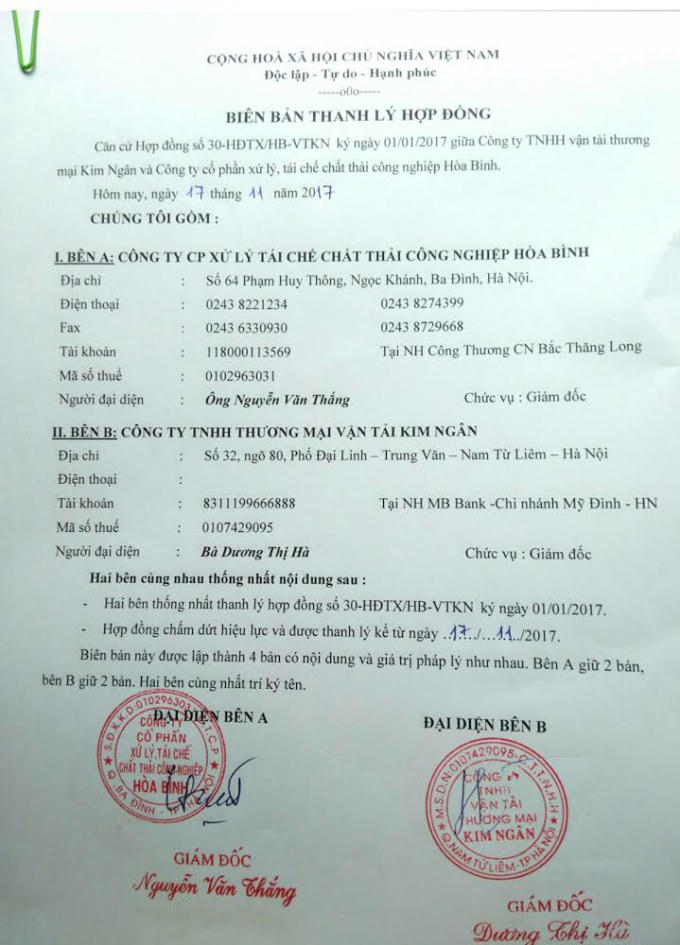 Blên bản thanh lý hợp đồng giữa Công ty Kim Ngân và Công ty Hòa Bình