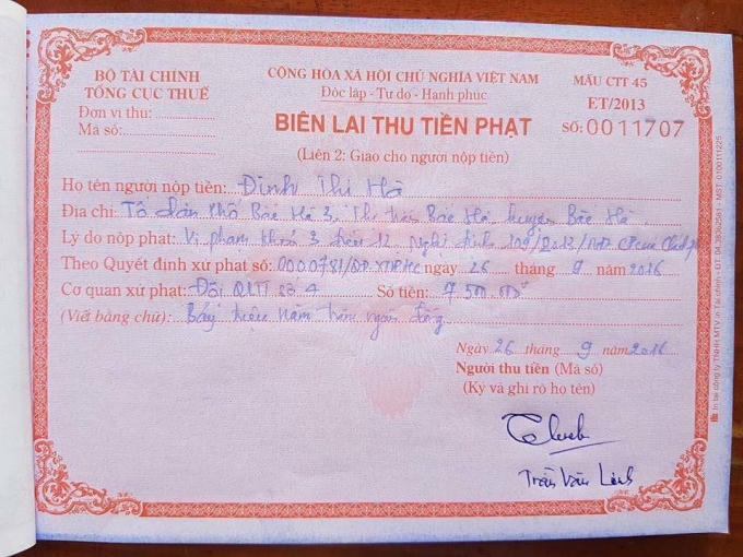 Biên lai xử phạt cơ sở kinh doanh Hà Sa vi phạm.