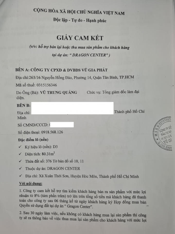 Giấy cam kết Công ty Vũ Gia Phát ký với khách hàng