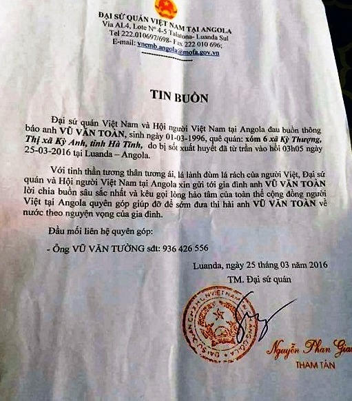 Đại sứ quán Việt Nam tại Angola vừa thông báo tin buồn về trường hợp tử vong mới nhất là anh Vũ Văn Toàn. Như vậy, đã có 5 người Hà Tĩnh tử vong tại Angola trong vòng 1 tháng.