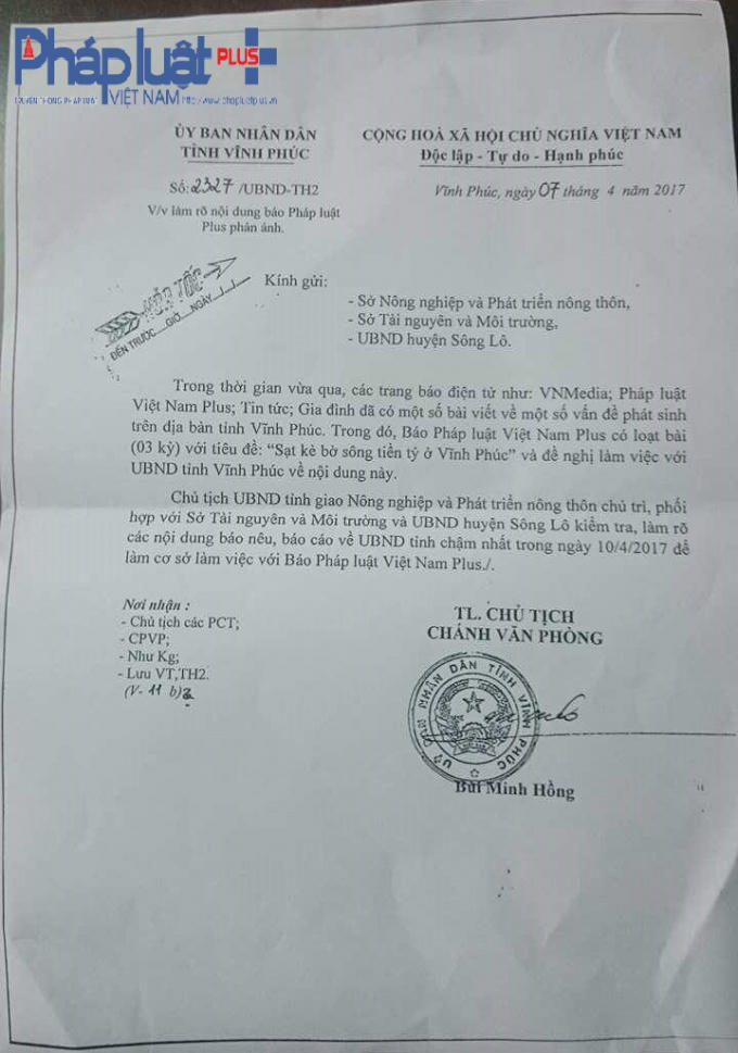 Công văn hỏa tốc của UBND tỉnh Vĩnh Phúc  gửi cơ quan chức năng làm rõ nội dung báo nêu.