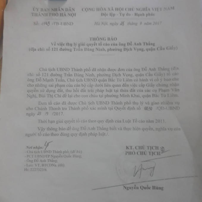 Thanh tra Thành phố vào cuộc xác minh đơn thư của bạn đọc Đỗ Anh Thắng.