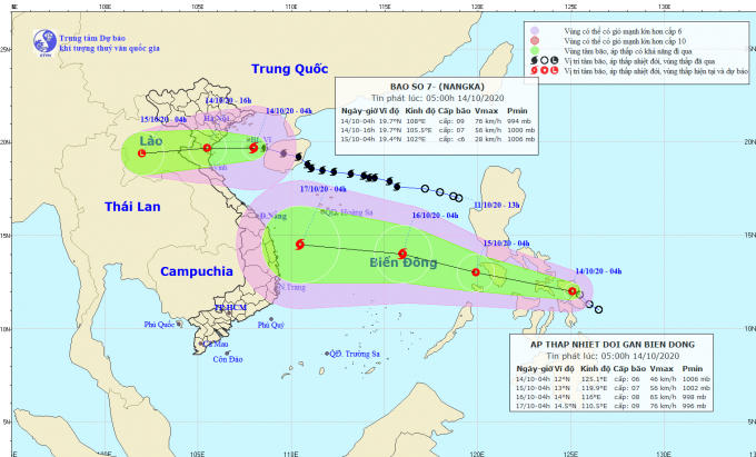Vị trí và hướng di chuyển của bão số 7. (Nguồn: kttv.gov.vn)