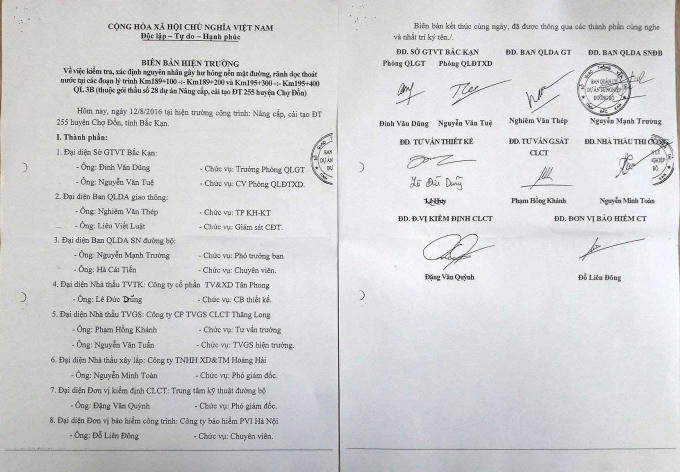 Biên bản hiện trường về sự cố (Sở GTVT tỉnh Bắc Kạn cung cấp).