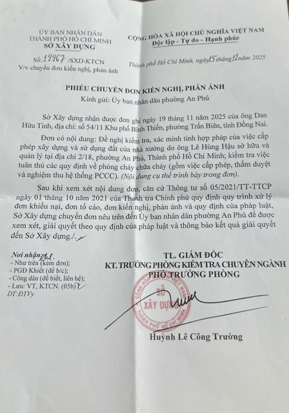 Công văn của Sở Xây dựng TPHCM gửi UBND phường An Phú.