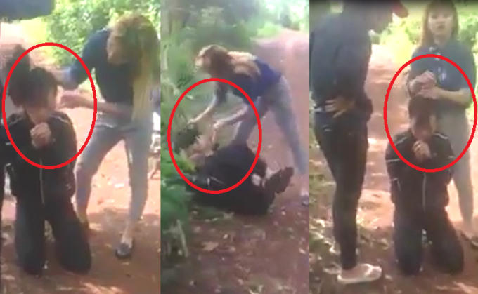 Hình ảnh cô gái bị túm tóc, đánh ngã ra đất. Ảnh: Cắt từ clip.