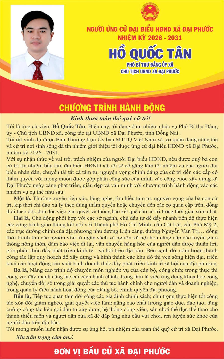 Cam kết hành động của ứng cử viên Hồ Quốc Tân.