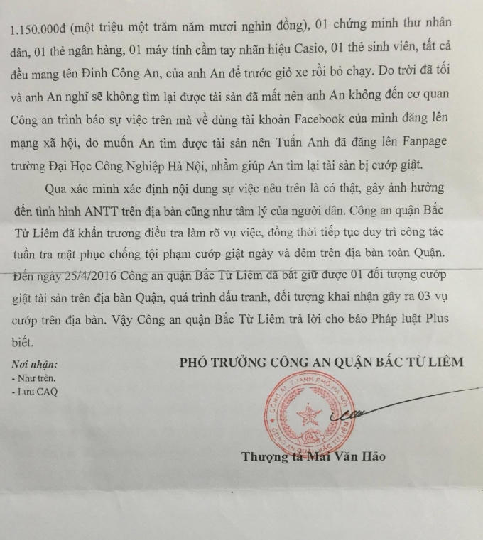 Kết luận của cơ quan Công an quận Bắc Từ Liêm trong công văn phúc đáp gửi Tòa soạn Pháp luật Plus.