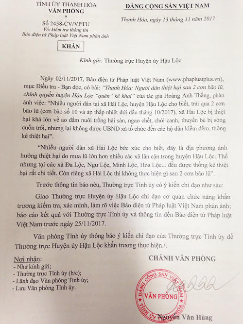 Công văn khẩn của Tỉnh ủy Thanh Hóa chỉ đạo làm rõ việc "quên" báo cáo thiệt hại bão lũ. (Ảnh: Anh Thắng)
