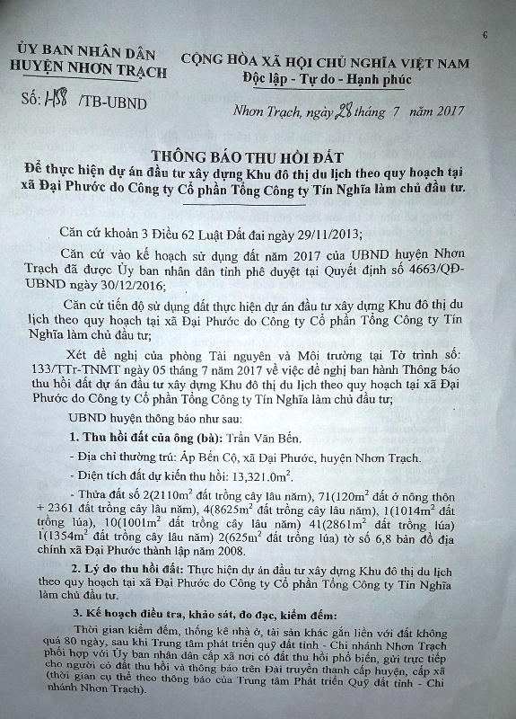 Dự án "treo" nhiều năm, mới đây lại bị "xới" lên bởi thông báo của UBND huyện Nhơn Trạch thu hồi đất làm dự án.