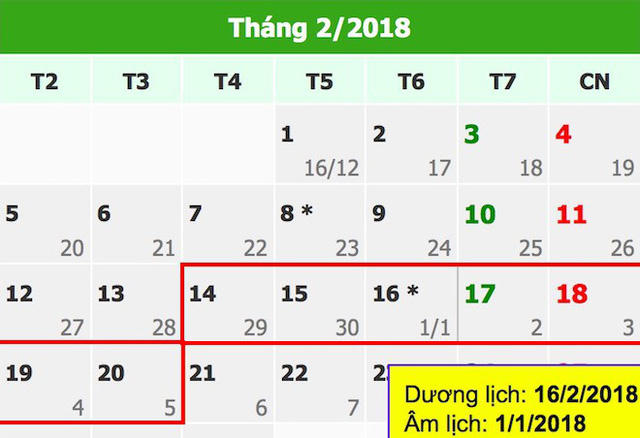 Lịch nghỉ Tết nguyên đán Mậu Tuất 2018.
