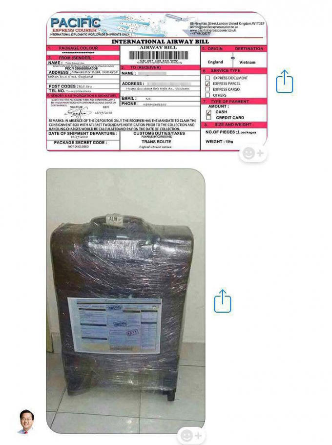 Để nạn nhân tin tưởng, các đối tượng lừa đảo quy mô quốc tế này sẽ gửi giấy chuyển hàng qua đường hàng không kèm theo hình ảnh của món hàng có chứa hàng triệu đô la.