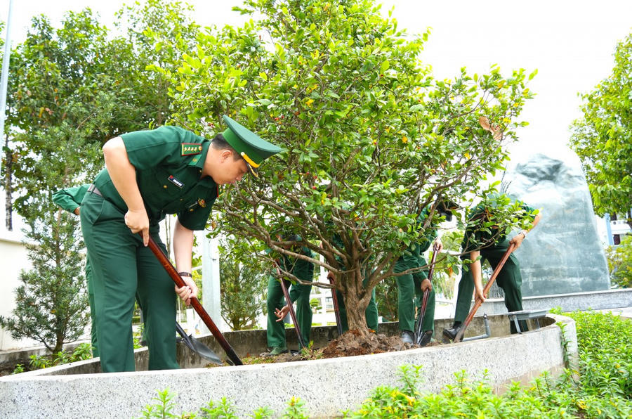Cán bộ, chiến sĩ BĐBP tỉnh Cà Mau tích cực trồng cây xanh tại doanh trại.