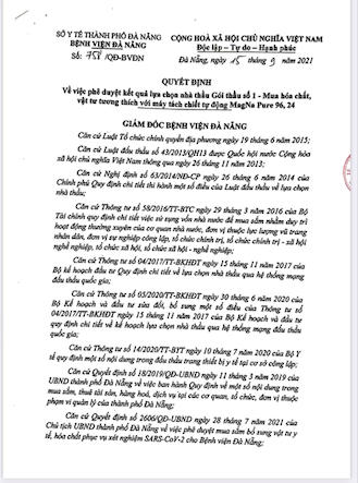 Quyết định số 758/QĐ-BVĐN phê duyệt kết quả lựa chọn nhà thầu gói thầu Gói thầu số 1- Mua hóa chất, vật tư tương thích với máy tách chiết tự động MagNa Pure 96,24 Cho công Ty TNHH Thiết Bị Y tế Bình Minh.