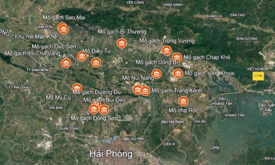 Bản đồ vị trí phân bố các dấu tích mộ gạch đã được điều tra khai quật tại lưu vực sông Bạch Đằng.